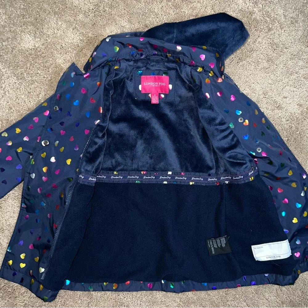 London Fog Girls Navy Jacket with Multicolor Heart Print